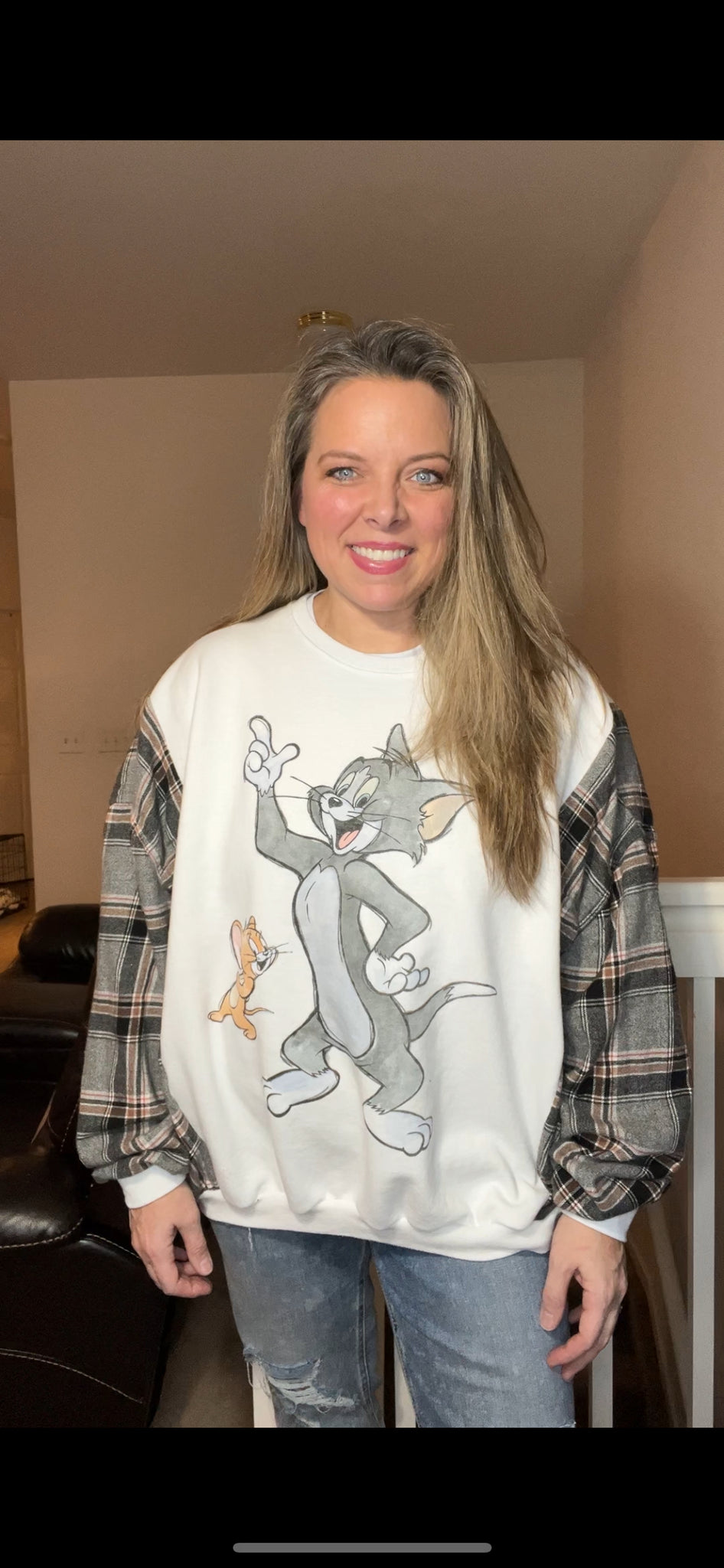 Upcycled Tom and Jerry – women’s XL – midweight sweatshirt with flannel sleeves – two small blemishes (see pics)￼