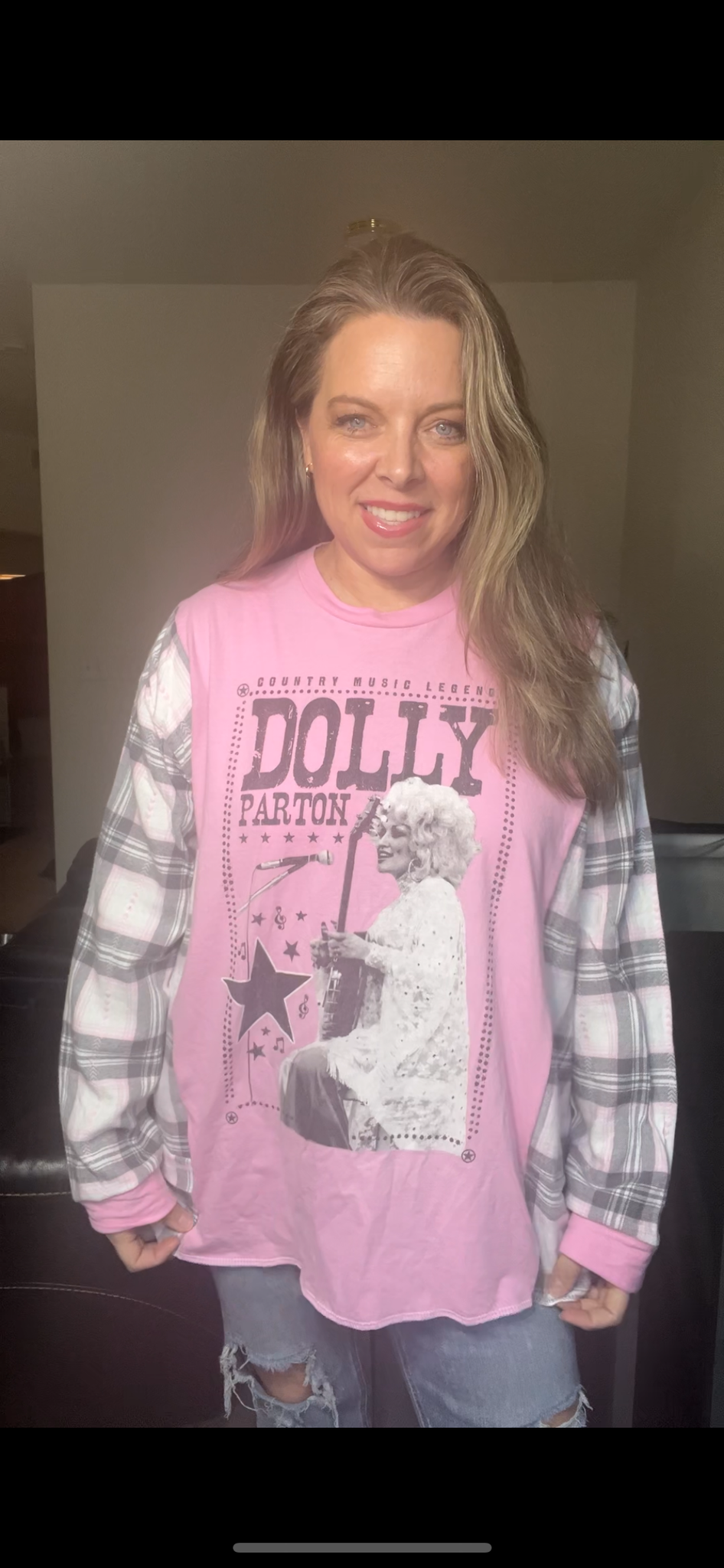 Upcycled Dolly – women's 2X T-shirt with flannel sleeves