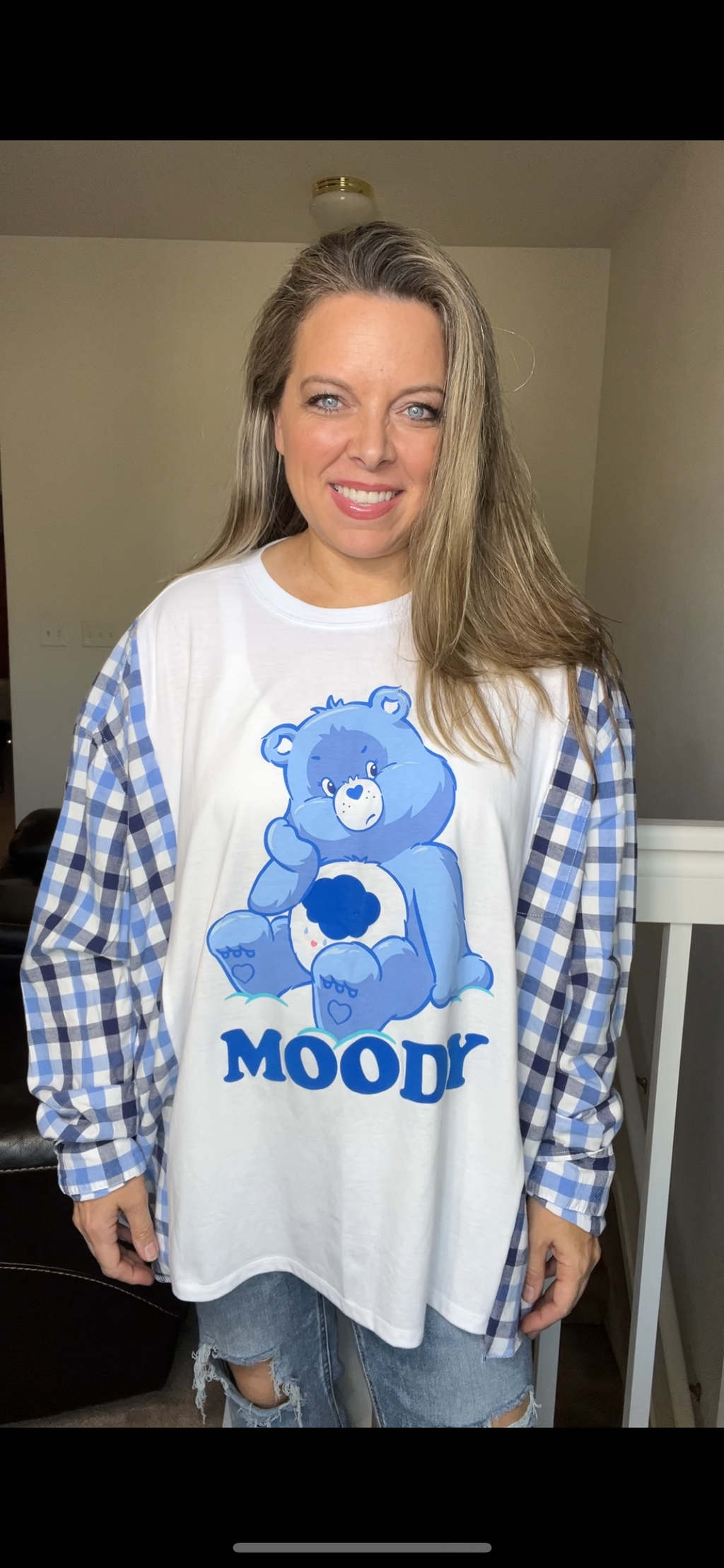 Upcycled Moody bear – women’s 3X/4X T-shirt with flannel sleeves