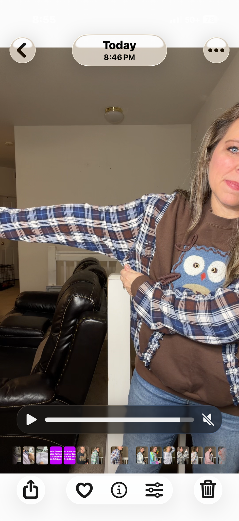 Upcycled Owl - women's large midweight sweatshirt with flannel sleeves