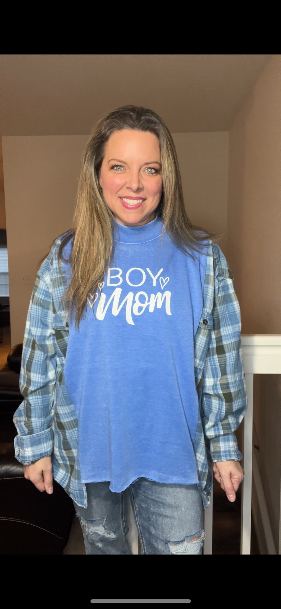 Upcycled Boy Mom – women’s 1X/2X – thin sweatshirt with flannel sleeves – mock turtleneck can be removed – bottom band can be added￼