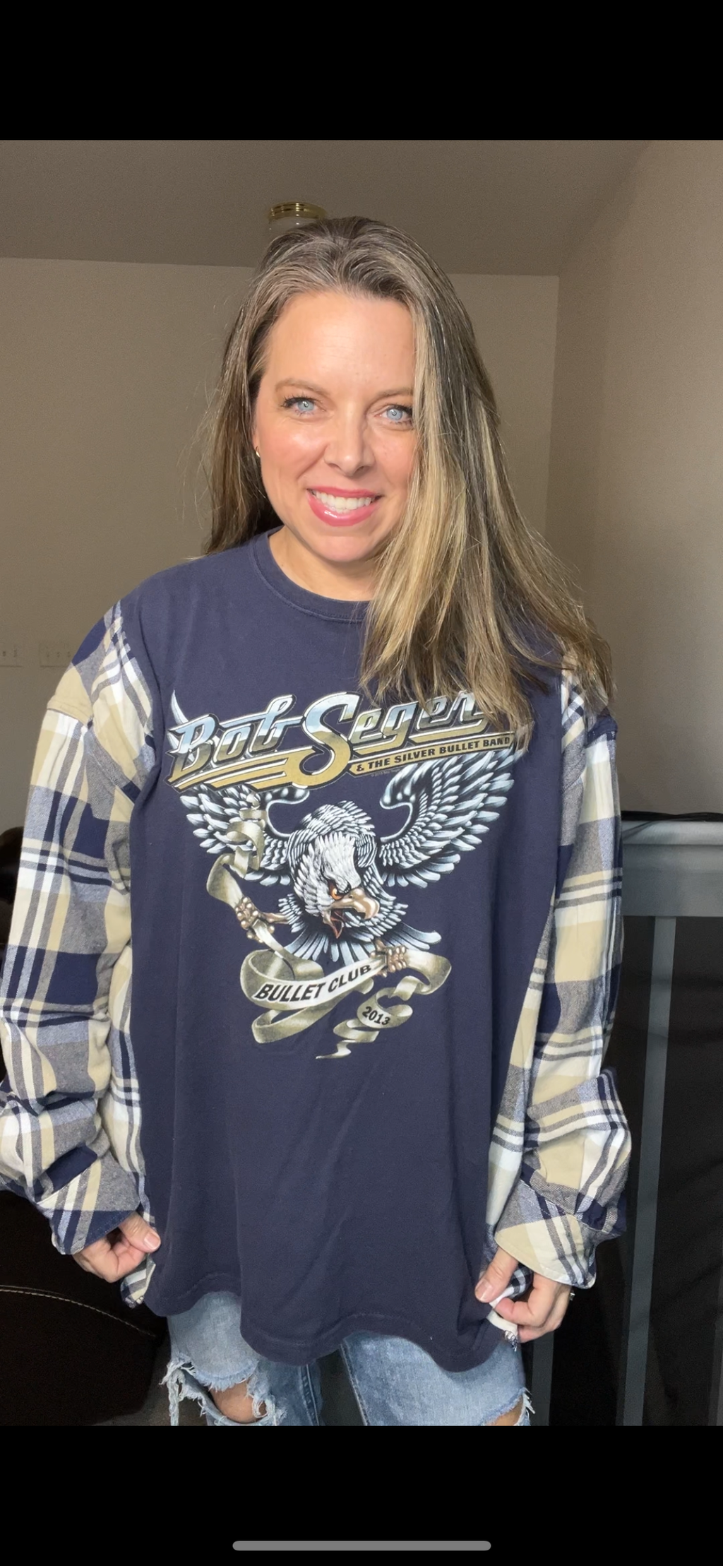 Upcycled Bob Seger - women's 3X T-shirt with flannel sleeves