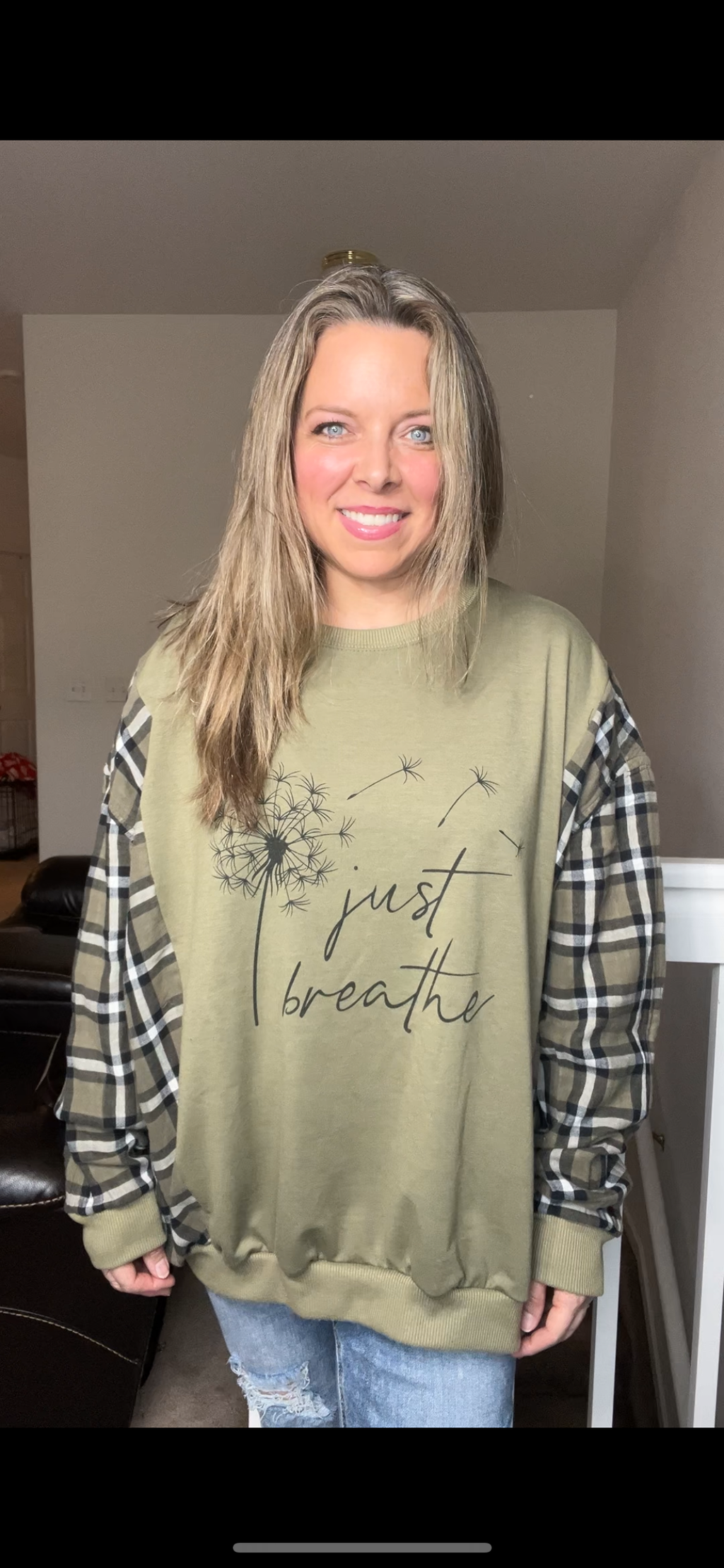 Upcycled Just Breathe – women’s 2X T-shirt with thin flannel sleeves￼