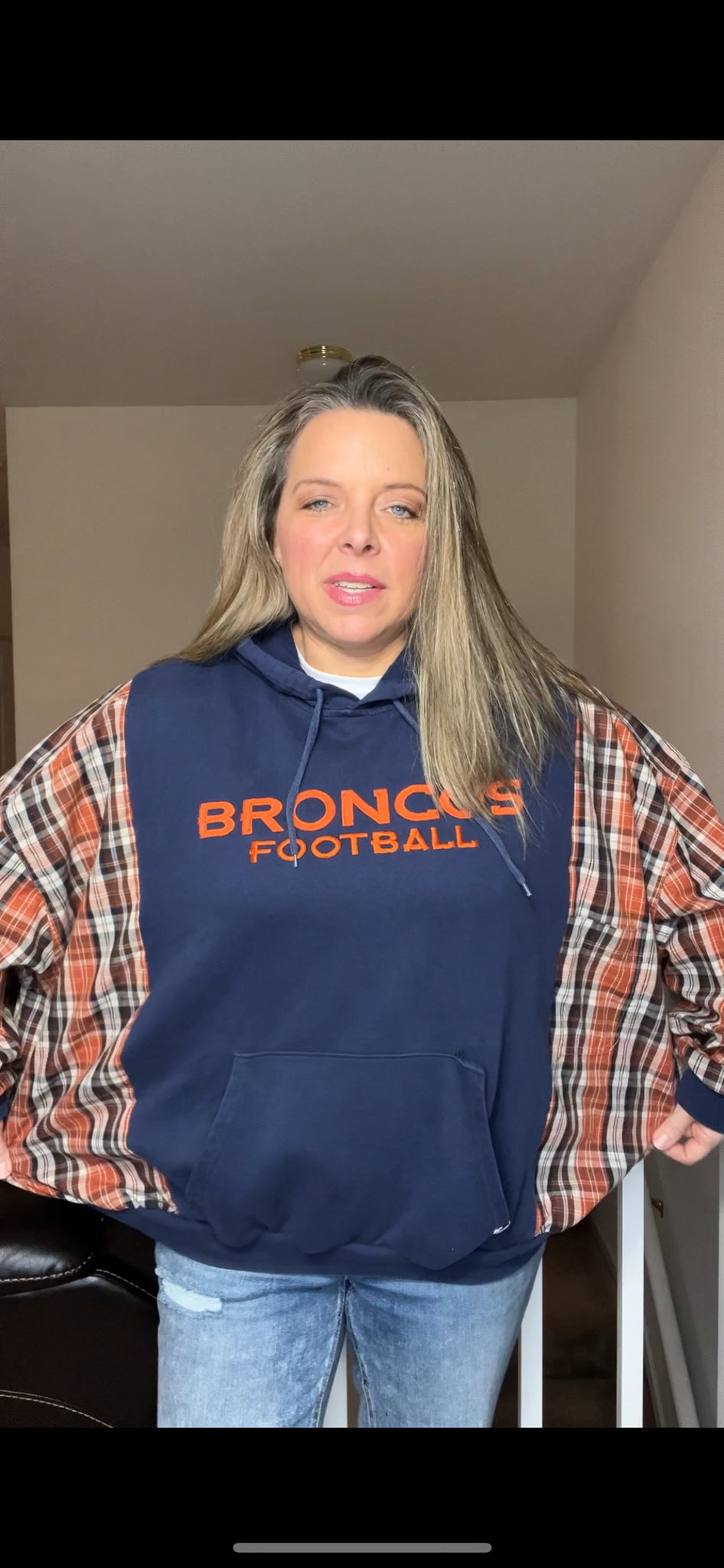 Denver Broncos - woman’s XL - midweight sweatshirt with cotton dress shirt sleeves