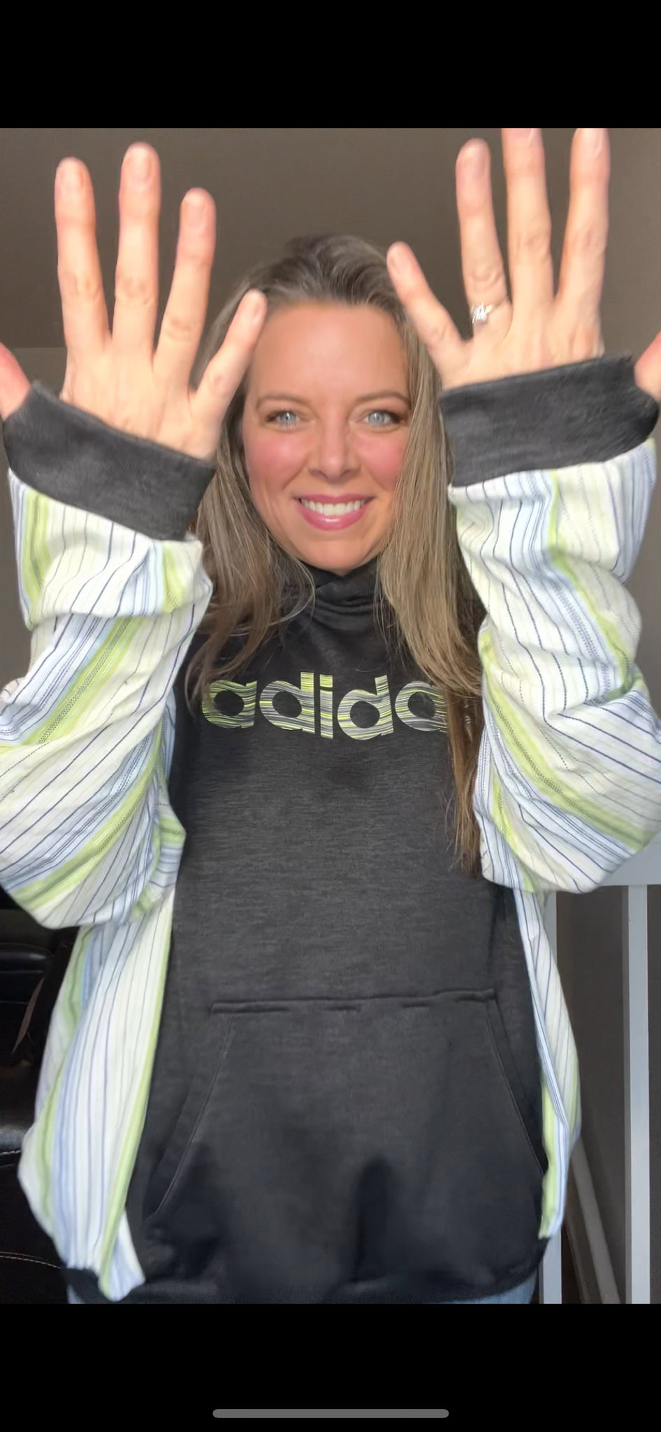 Upcycled Green Black Adidas – women’s L/XL – soft thick sweatshirt with thin cotton sleeves – bottom band and neck slightly tighter ￼