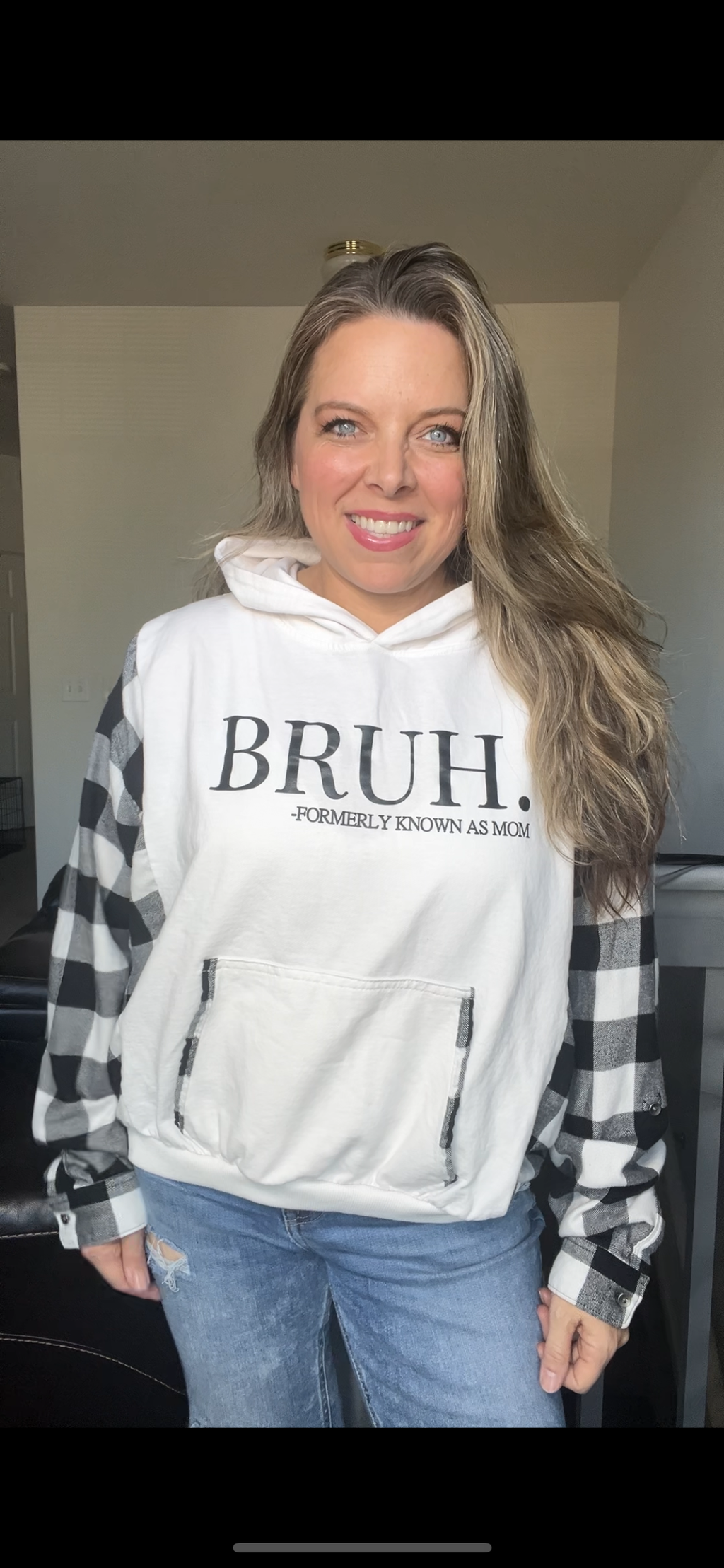 Upcycled Bruh - Women’s small – midweight sweatshirt with flannel sleeves