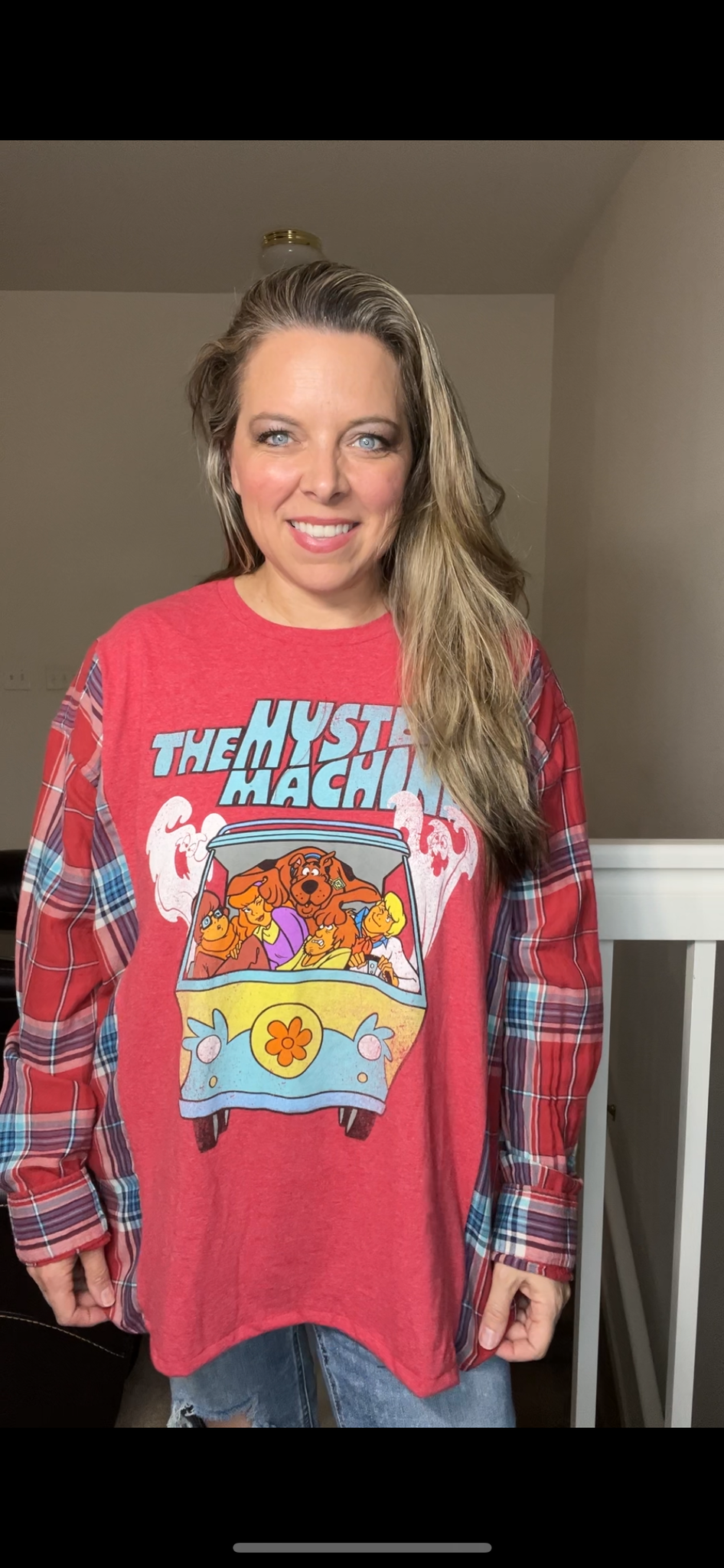 Upcycled Scooby Doo – women’s 2X T-shirt with thin flannel sleeves – sleeves more narrow