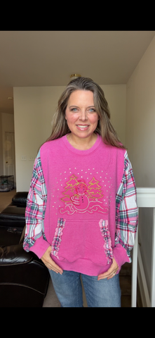 Upcycled Snowman - women's 1X French Terry sweatshirt with flannel sleeves