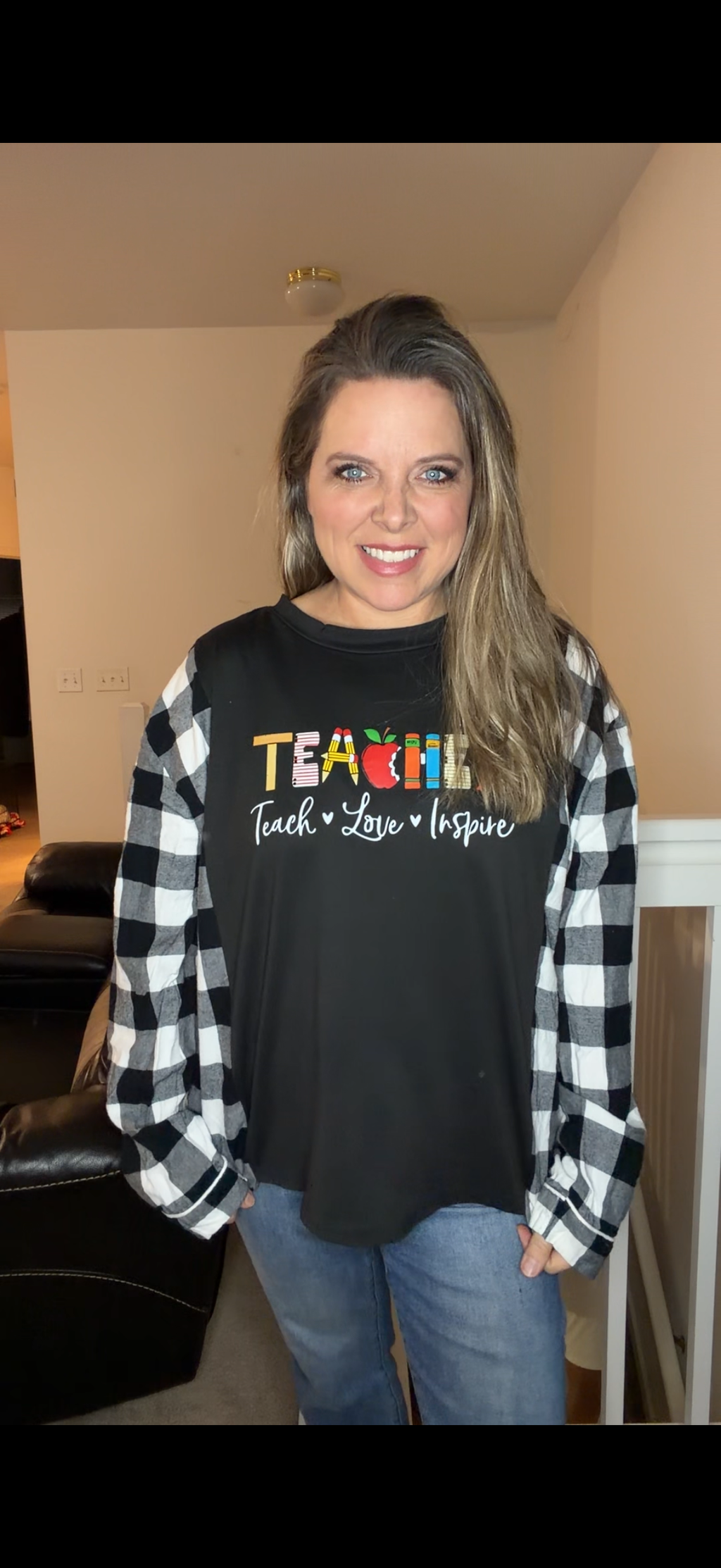 Upcycled Teacher - women's XL T-shirt with thin flannel sleeves