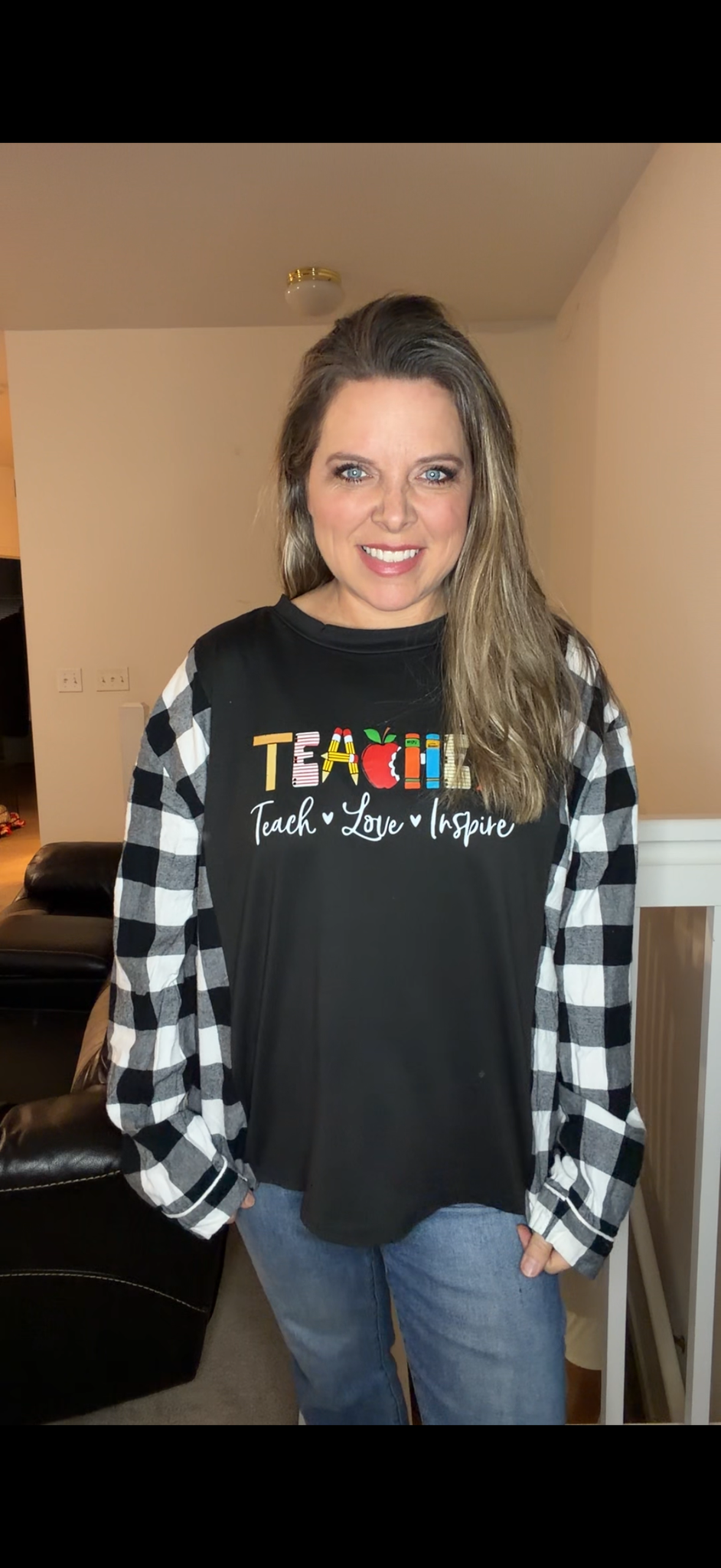 Upcycled Teacher - women's XL T-shirt with thin flannel sleeves