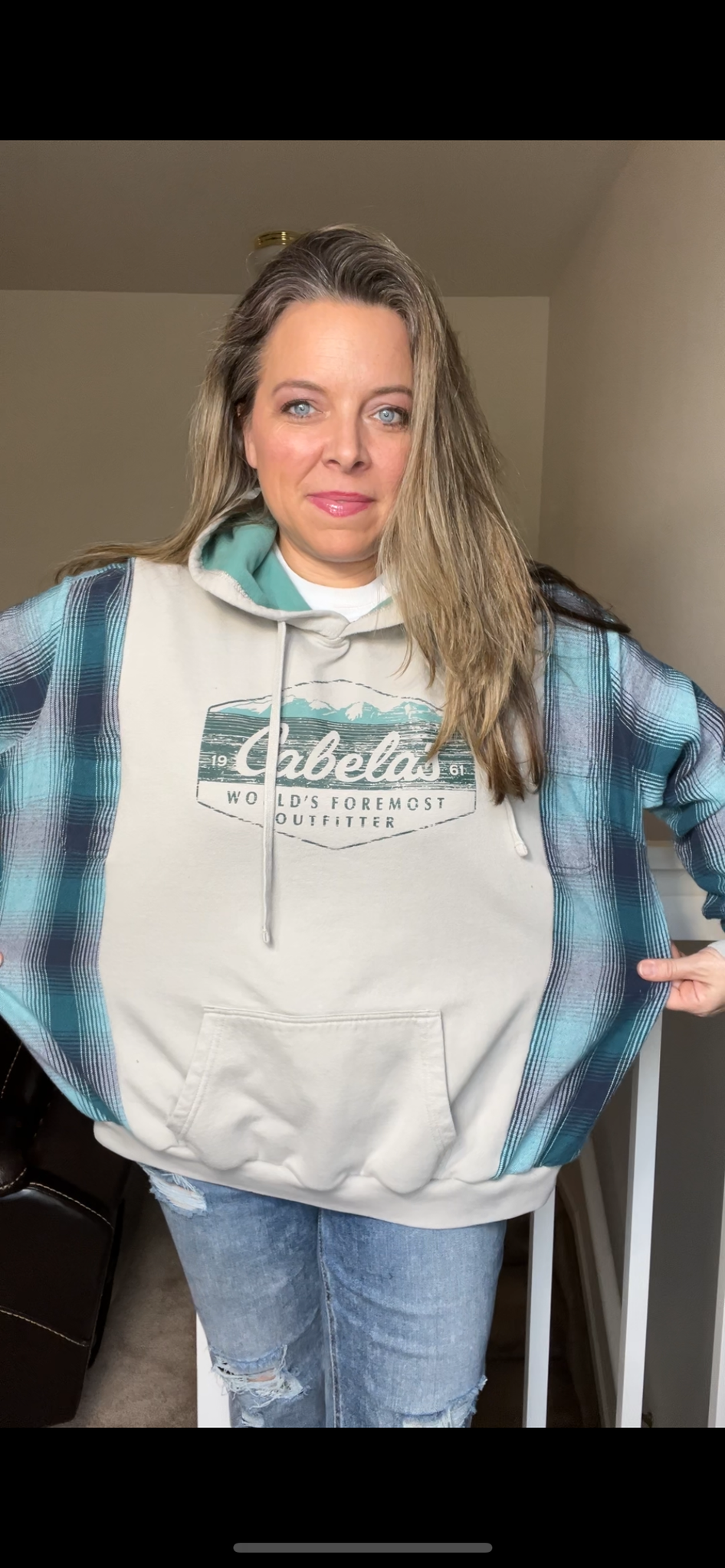 Upcycled Cabela’s – women’s XL – midweight sweatshirt with flannel sleeves – sleeves slightly tighter￼ on forearm