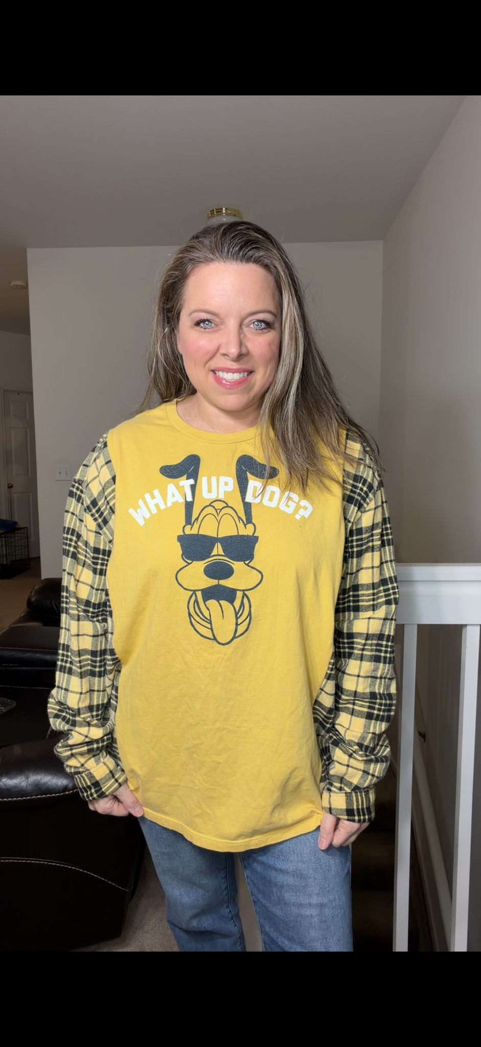 Upcycled What Up - women's XL T-shirt with flannel sleeves