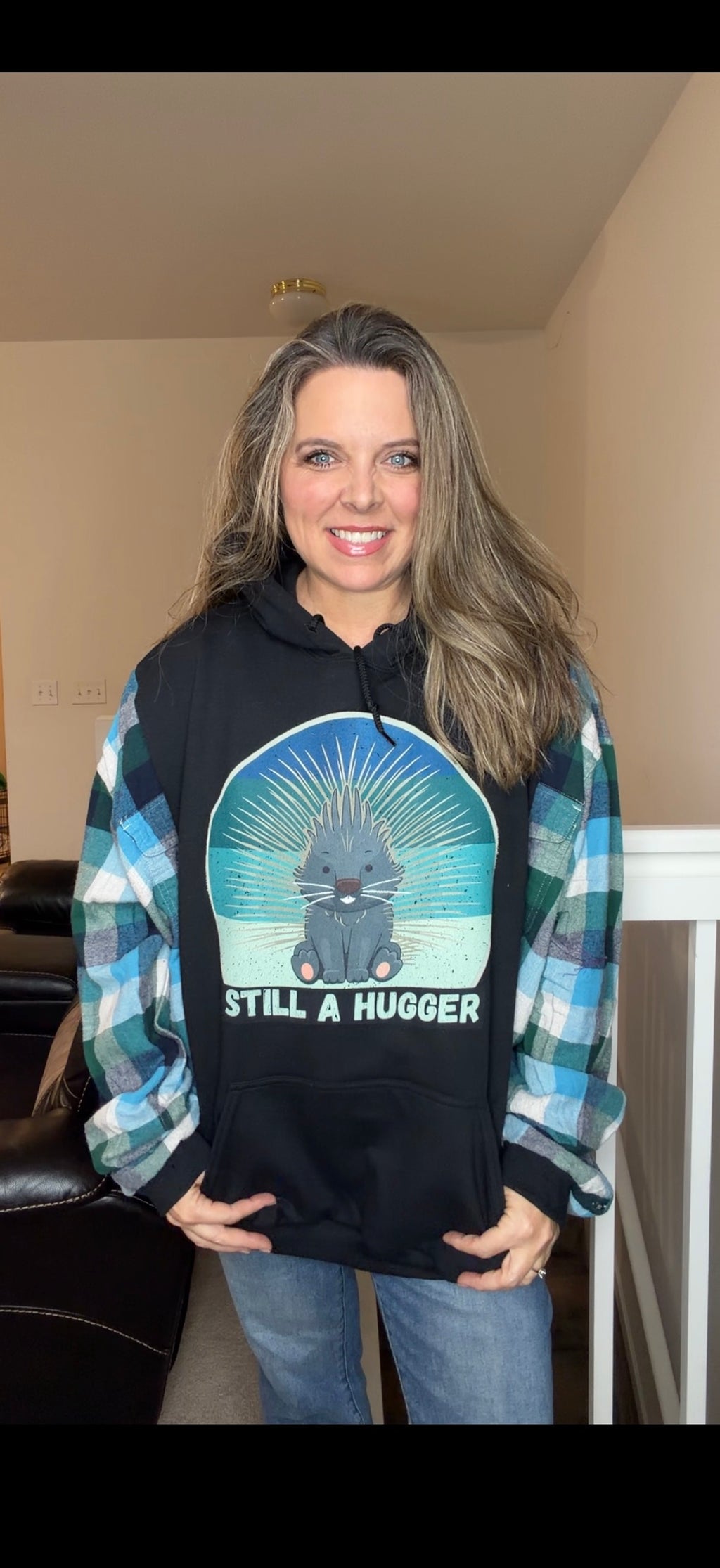 Upcycled Hugger - women's 3X/4X midweight Sweatshirt with flannel sleeves