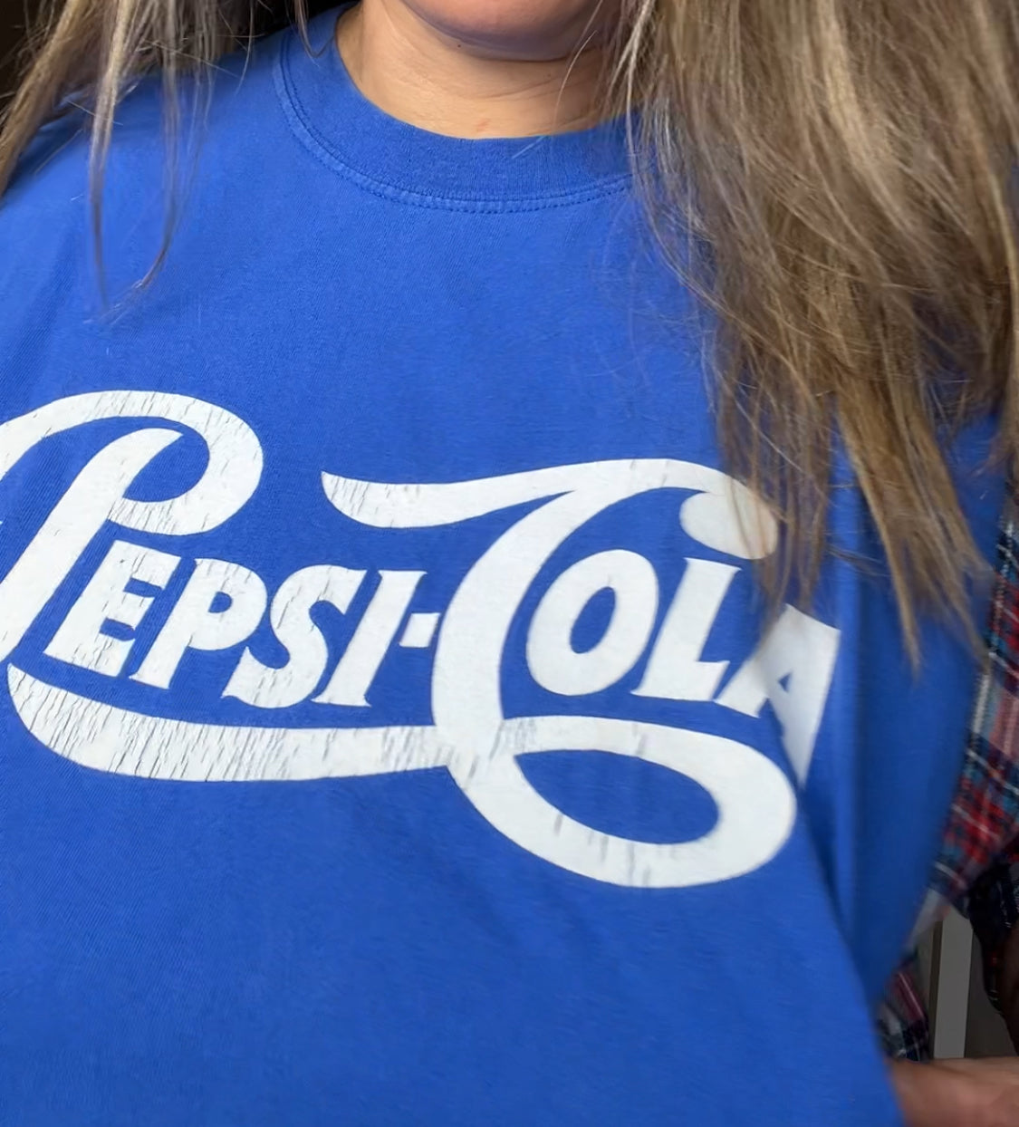 Upcycled Pepsi – women’s 2X – Tshirt with flannel sleeves – graphic is distressed￼