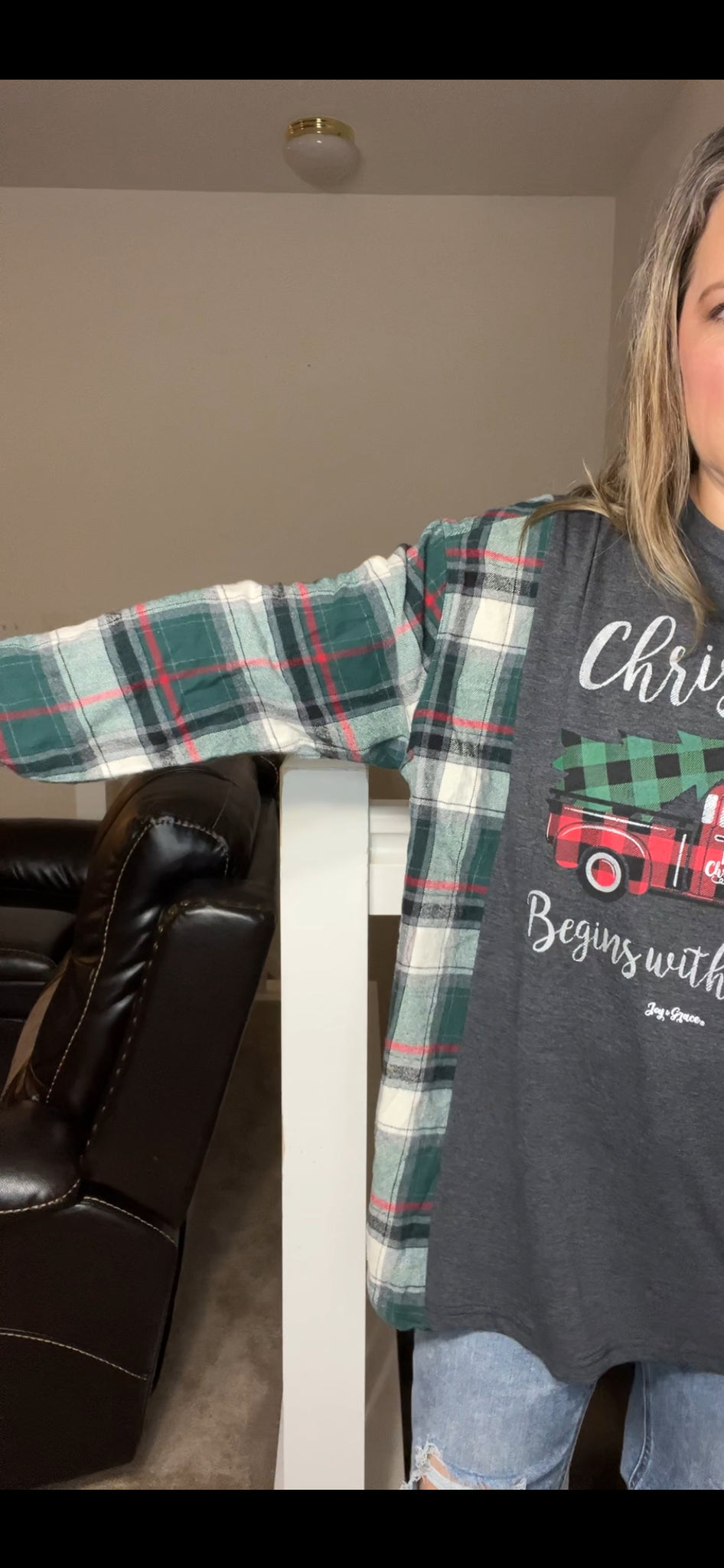 Upcycled Christ Truck – women’s 2X – Tshirt with flannel sleeves – sleeves slightly more fitted