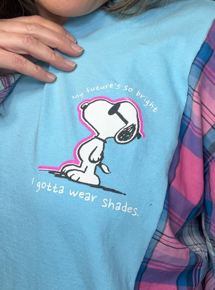 Upcycled Shades – women’s 2X – T-shirt with thin flannel sleeves