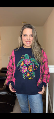 Upcycled Turtle - women's medium midweight sweatshirt with flannel sleeves