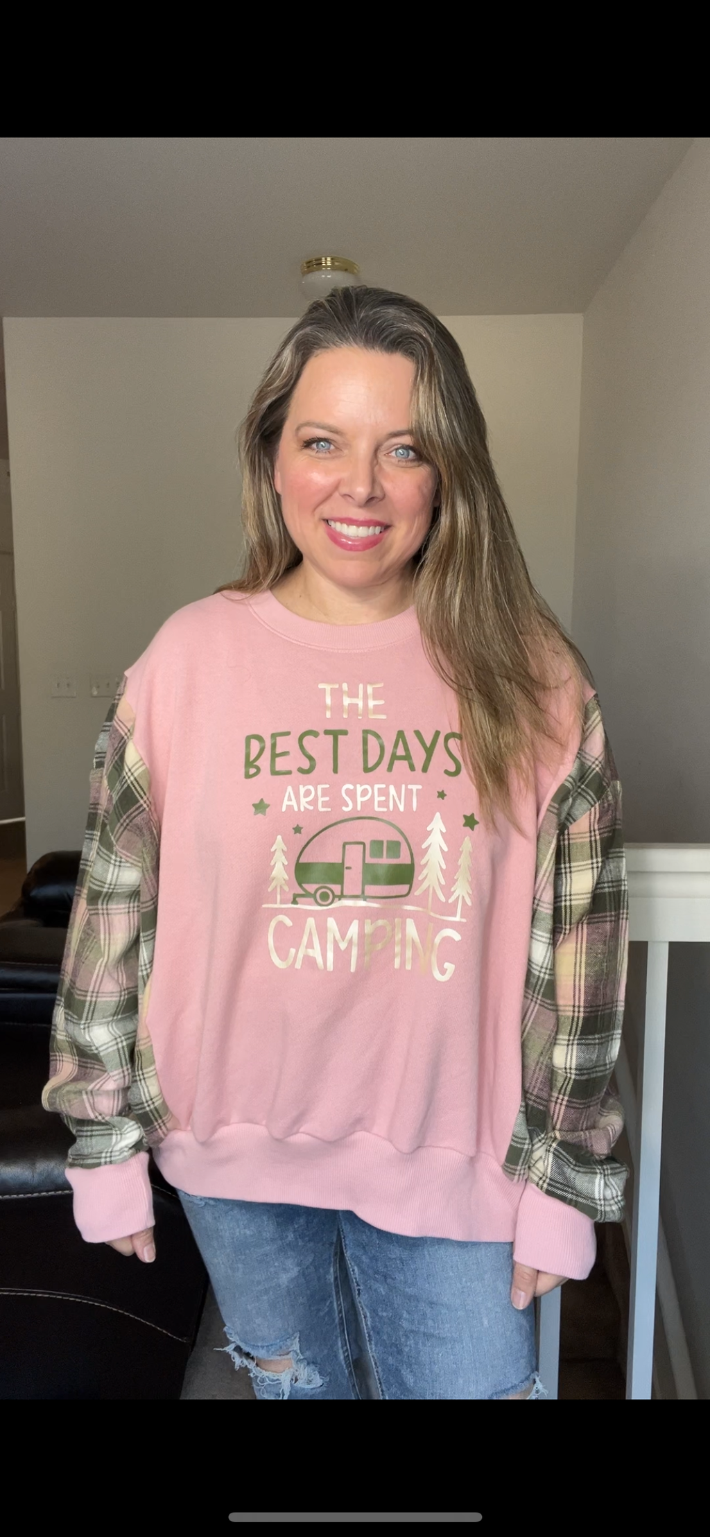 Upcycled Camping – women's large – thin French terry sweatshirt with flannel sleeves ￼