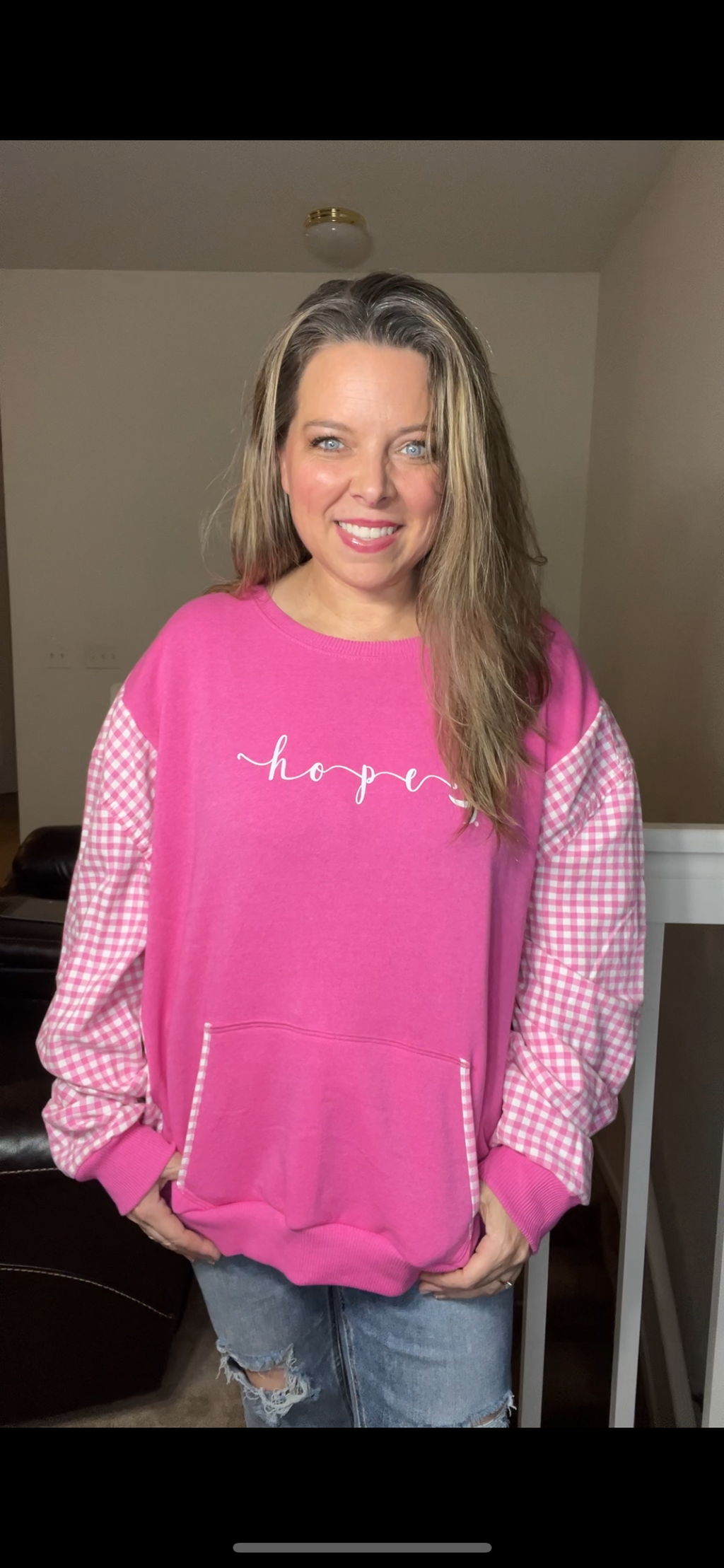 Upcycled Breast cancer awareness – women’s 2X – midweight sweatshirt with flannel sleeves￼