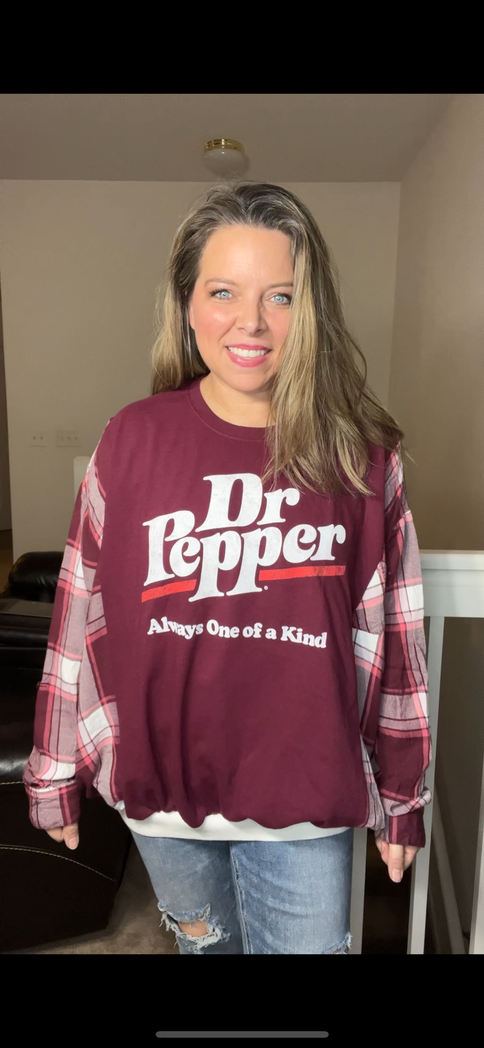 Upcycled Dr Pepper – women’s 2X/3X – T-shirt with flannel sleeves