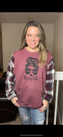 Upcycled Jeep life – women’s 3X – Midweight sweatshirt with flannel sleeves￼