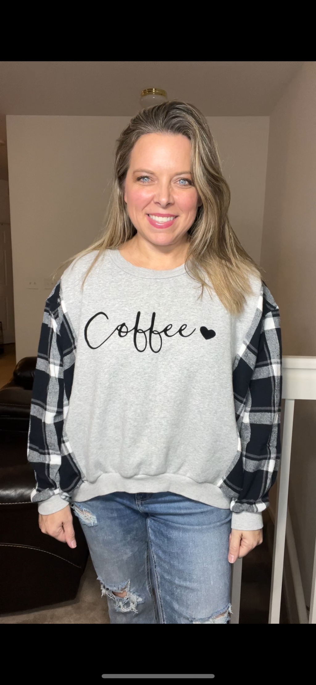 Upcycled Coffee – women’s small – midweight sweatshirt with flannel sleeves￼