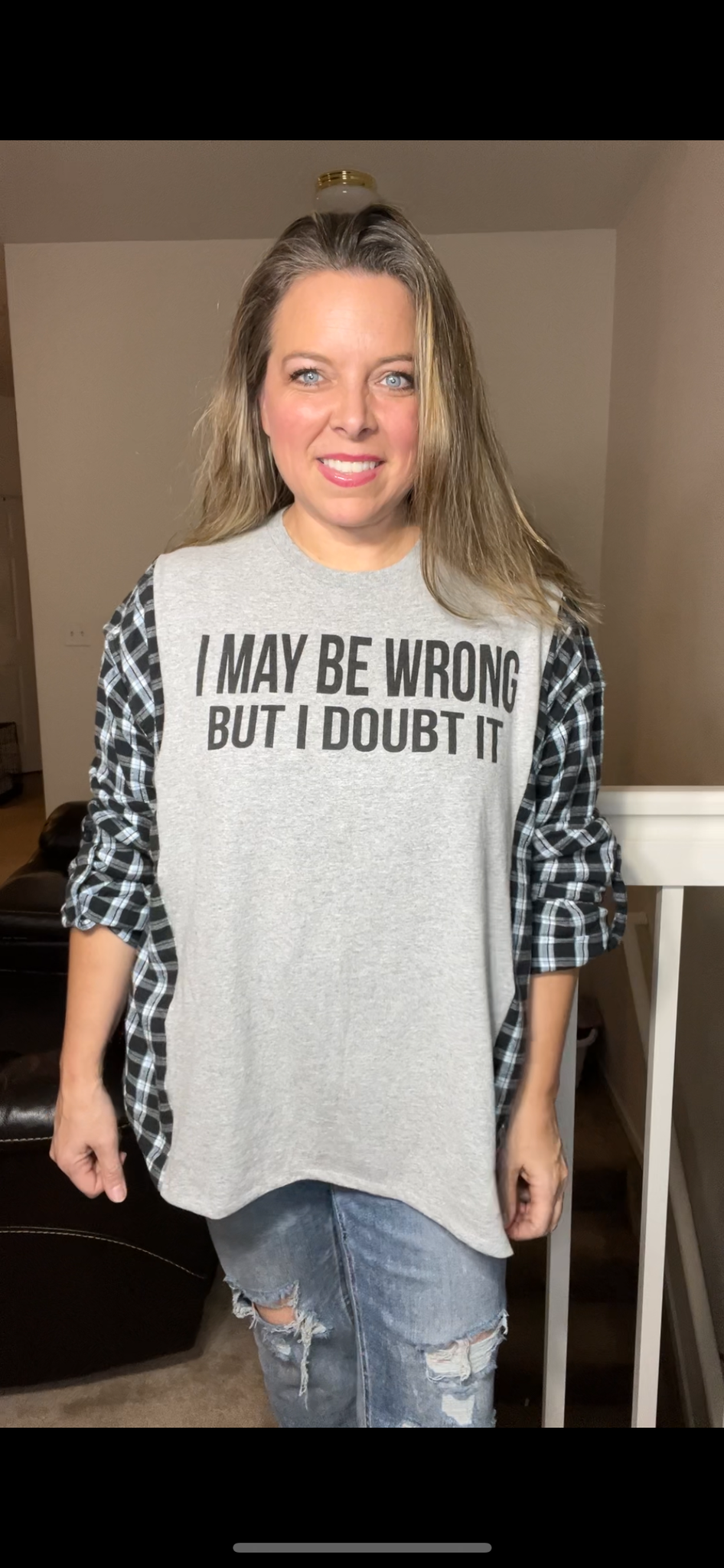 Upcycled Wrong – women’s XL – thin T-shirt with flannel sleeves￼