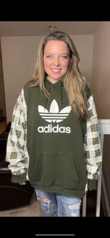 Upcycled Adidas green – women’s 3X – French terry, heavy sweatshirt with thick flannel sleeves￼