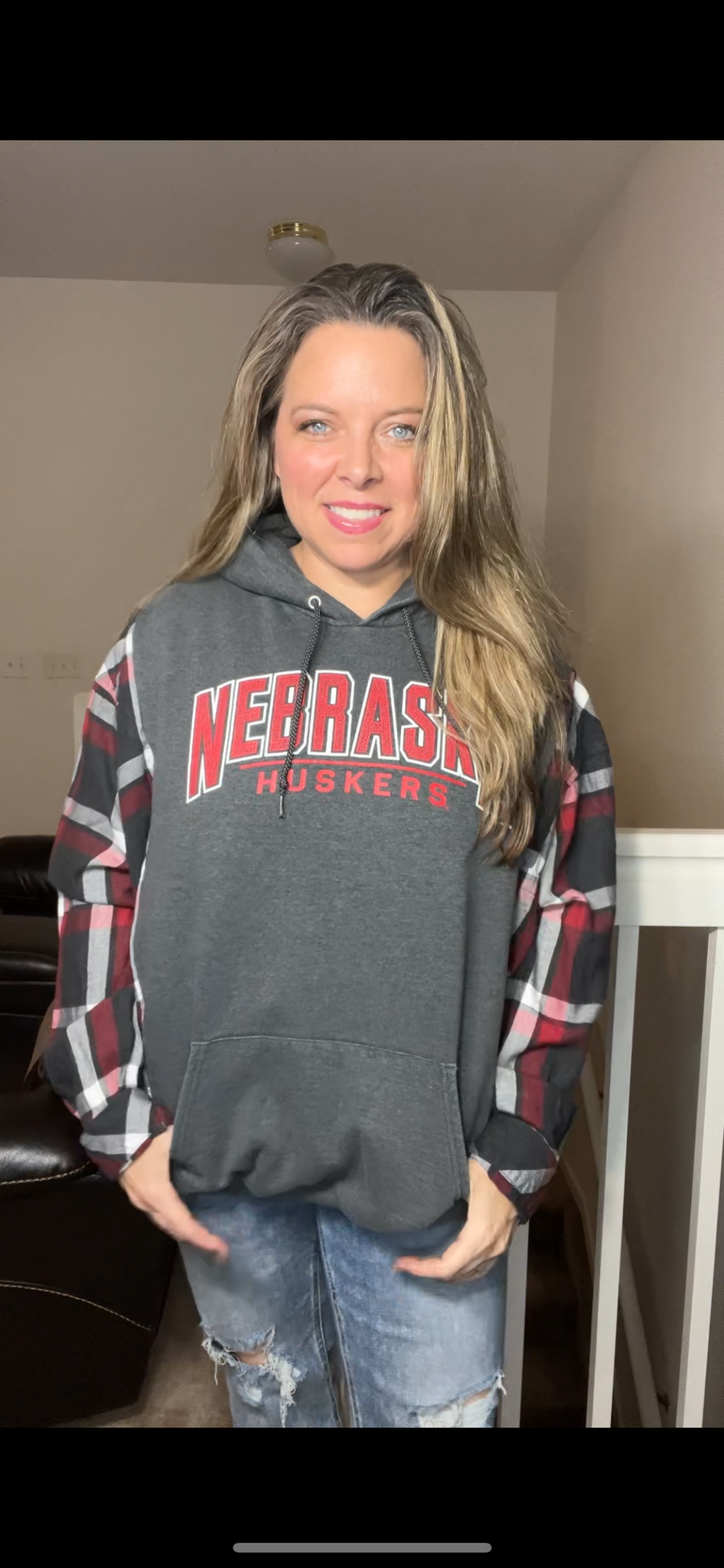 Upcycled Nebraska – women’s XL/1X – midweight sweatshirt with flannel sleeves