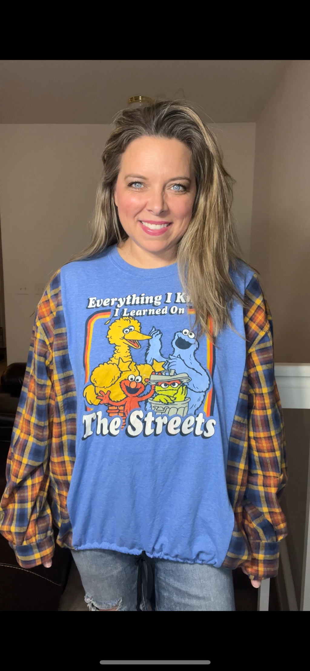 Upcycled Sesame Street – women’s 1X – thin T-shirt, with distressed graphic – thick flannel sleeves￼