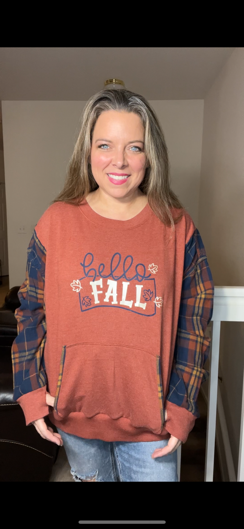 Upcycled Fall – women’s 1X/2X – thin French terry sweatshirt with flannel sleeves￼