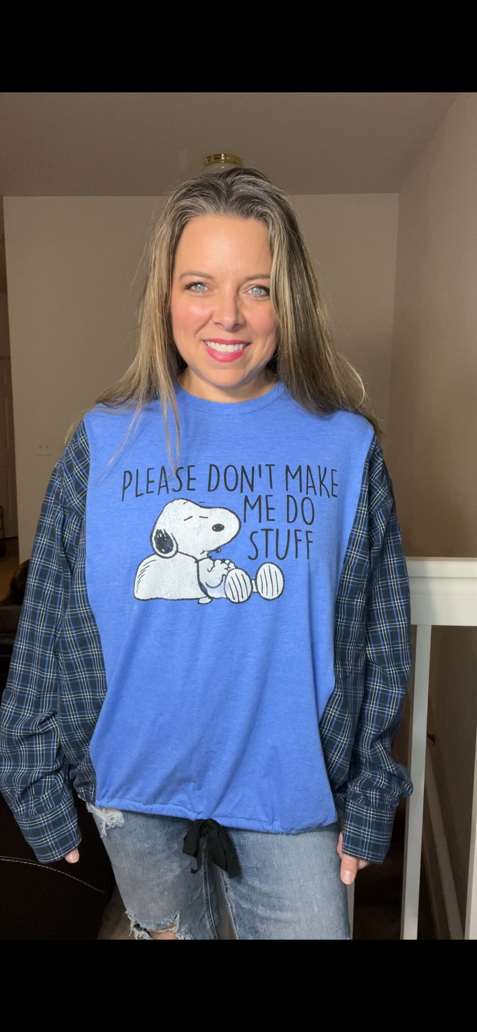 Upcycled Snoopy blue – women’s XL – thin T-shirt, with cotton sleeves￼