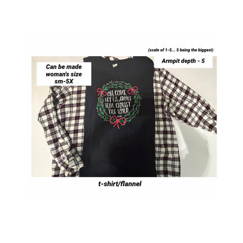 Upcycled Oh Come - woman's (pick size sm-5X) tshirt with flannel sleeves