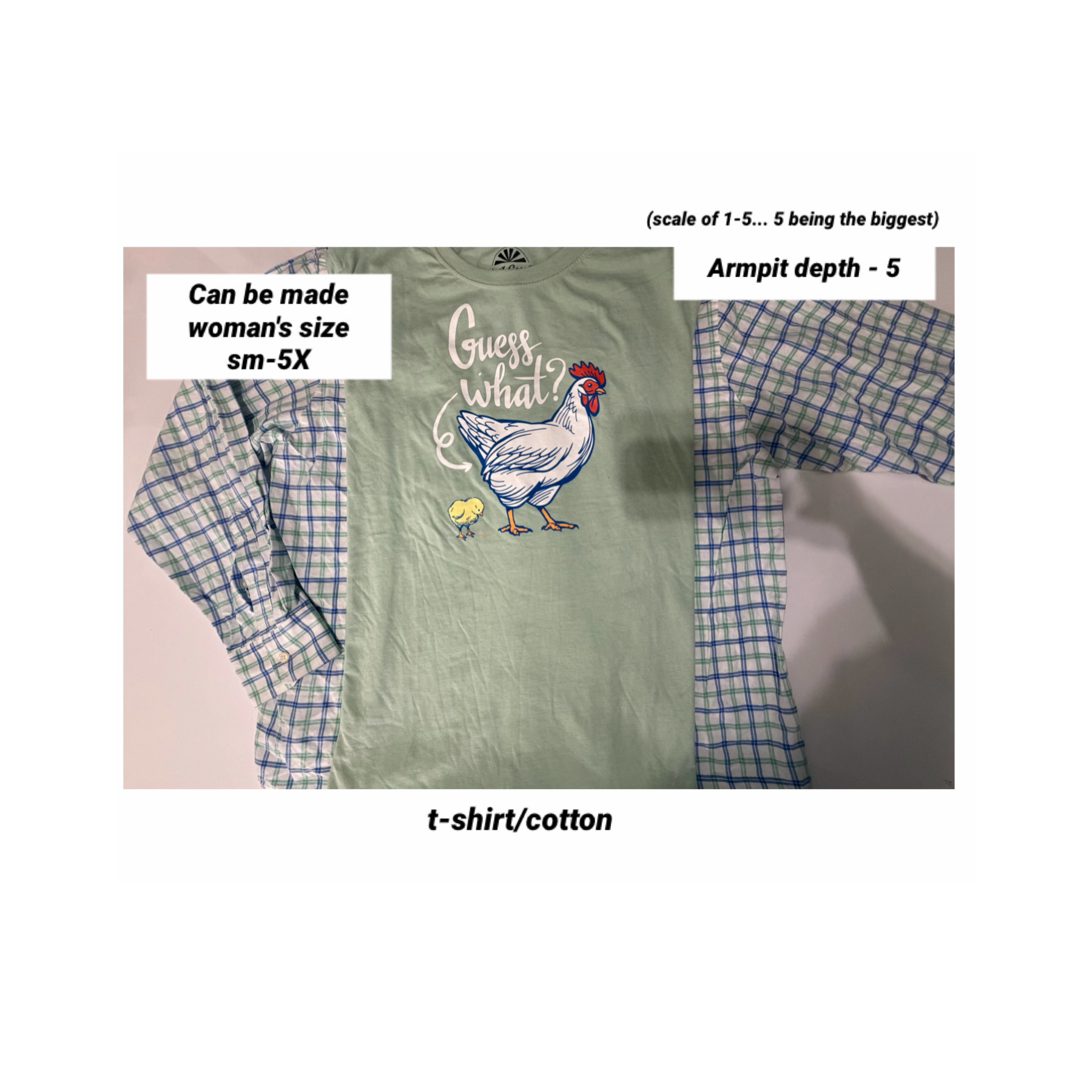Upcycled Chicken - woman's (pick size sm-5X) t-shirt with cotton sleeves