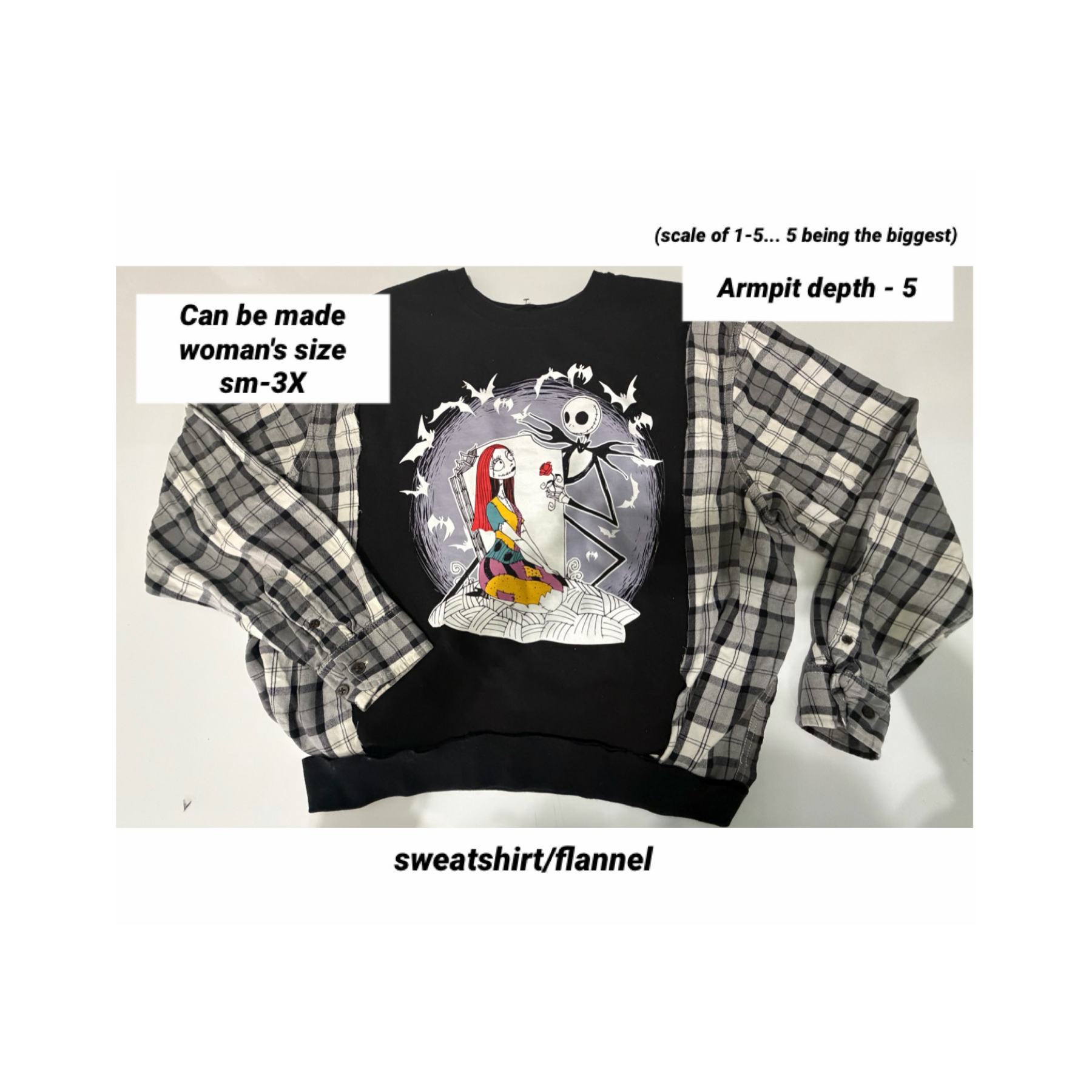 Upcycled Nightmare - (pick size woman's sm-3X) - midweight sweatshirt with flannel sleeves