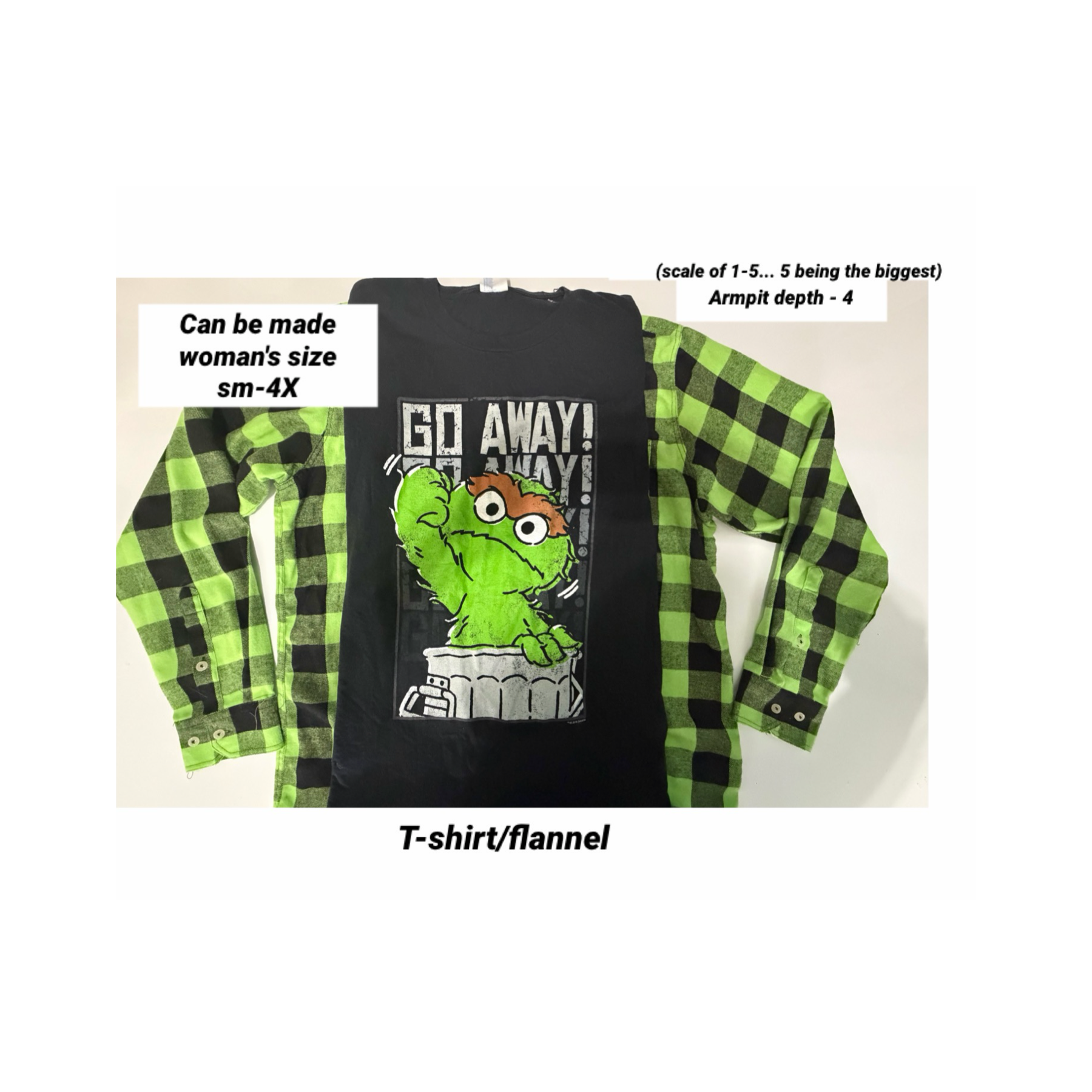 Upcycled Oscar - woman's (pick size sm-4X) - tshirt with flannel sleeves