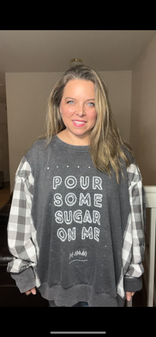 Upcycled Sugar – women’s 3X/4X – midweight sweatshirt with flannel sleeves￼