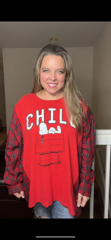 Upcycled Snoopy Chill – women’s 3X – thin T-shirt with flannel sleeves/ distressed graphic