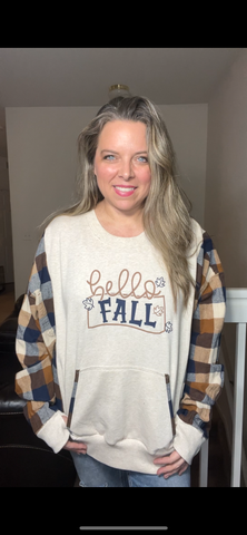 Upcycled Hello Fall – women’s XL/1X – thin French Terry Sweatshirt with flannel sleeves￼