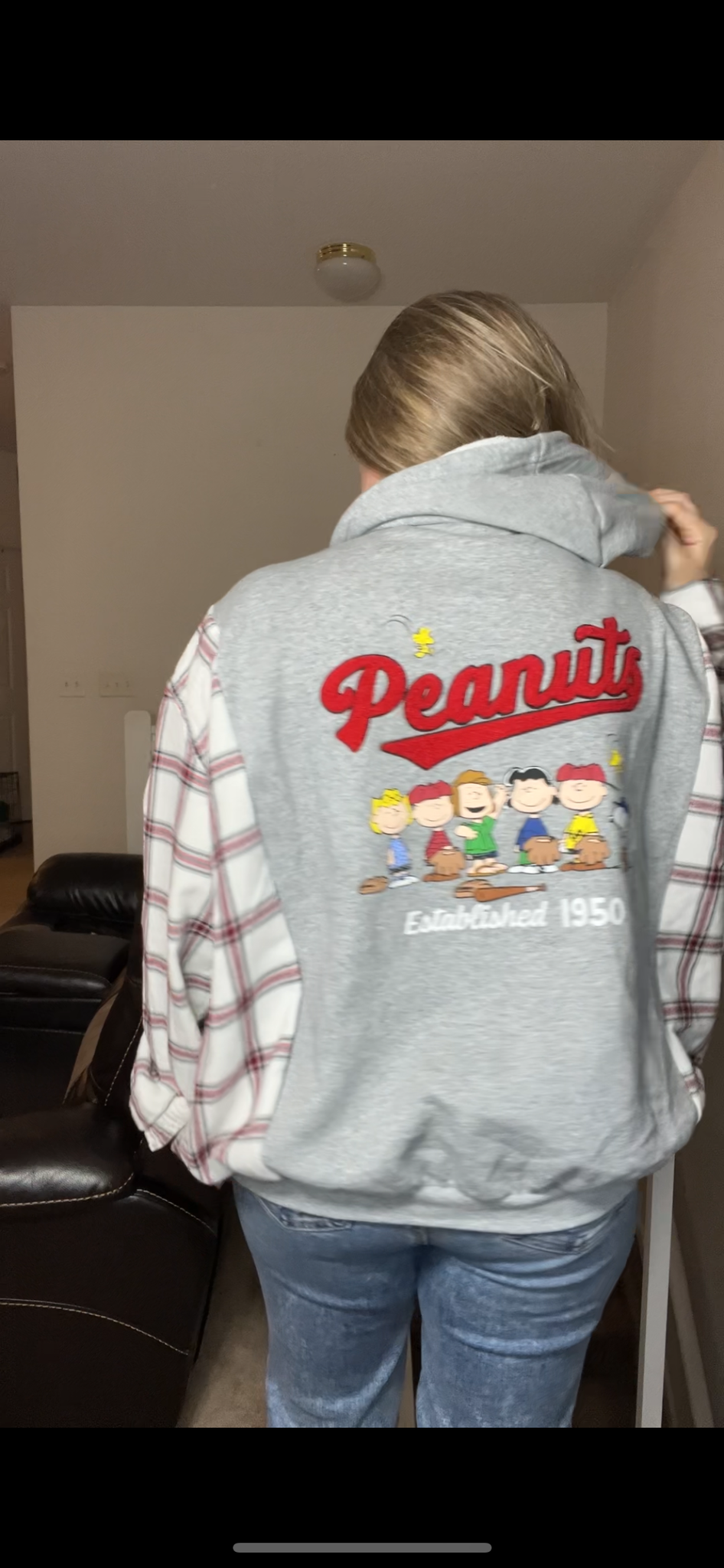 Upcycled Peanuts Gray – women’s 2X – midweight sweatshirt with flannel sleeves￼