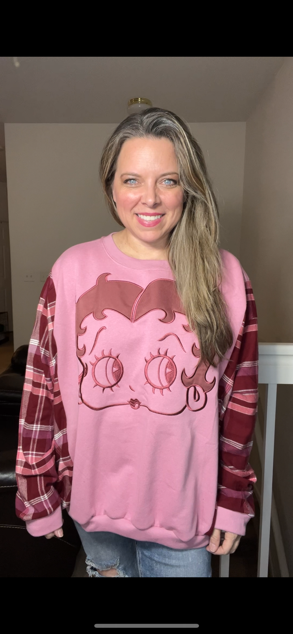 Upcycled Betty Boop – women’s 2X – midweight sweatshirt with flannel sleeves