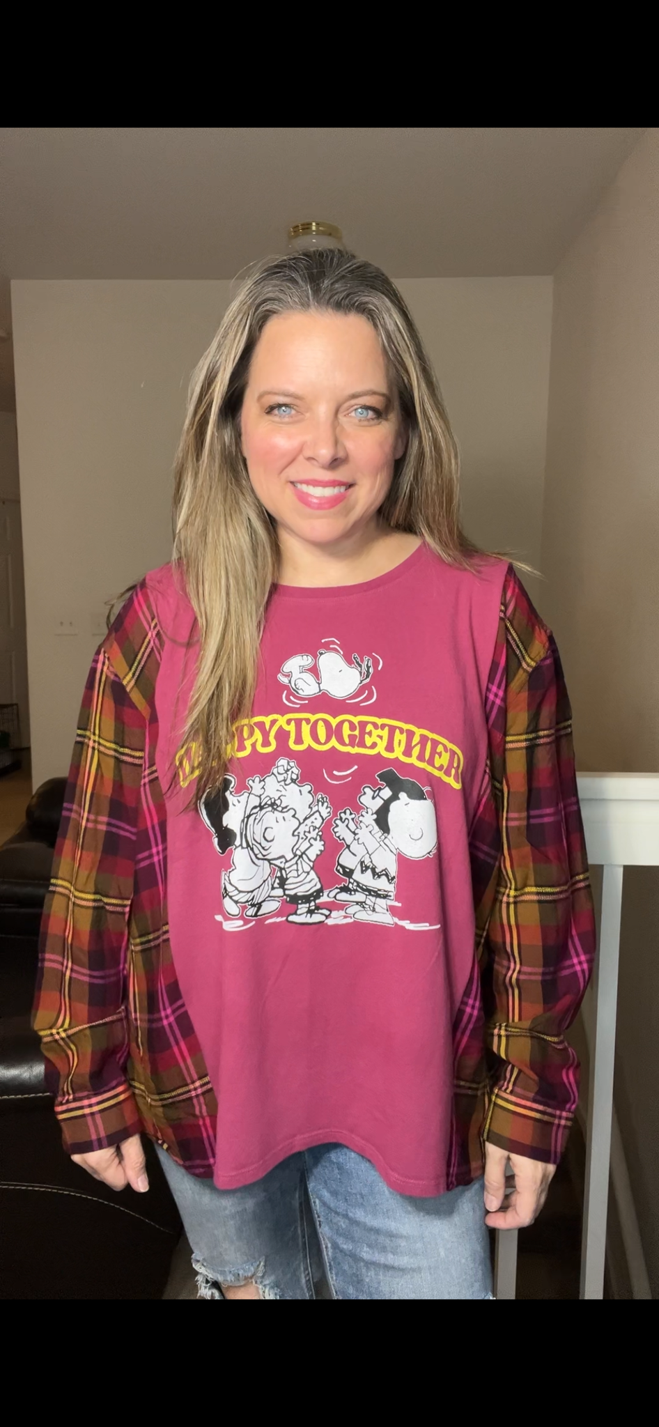 Upcycled Peanuts burgundy – women’s XL – T-shirt with thin flannel sleeves￼