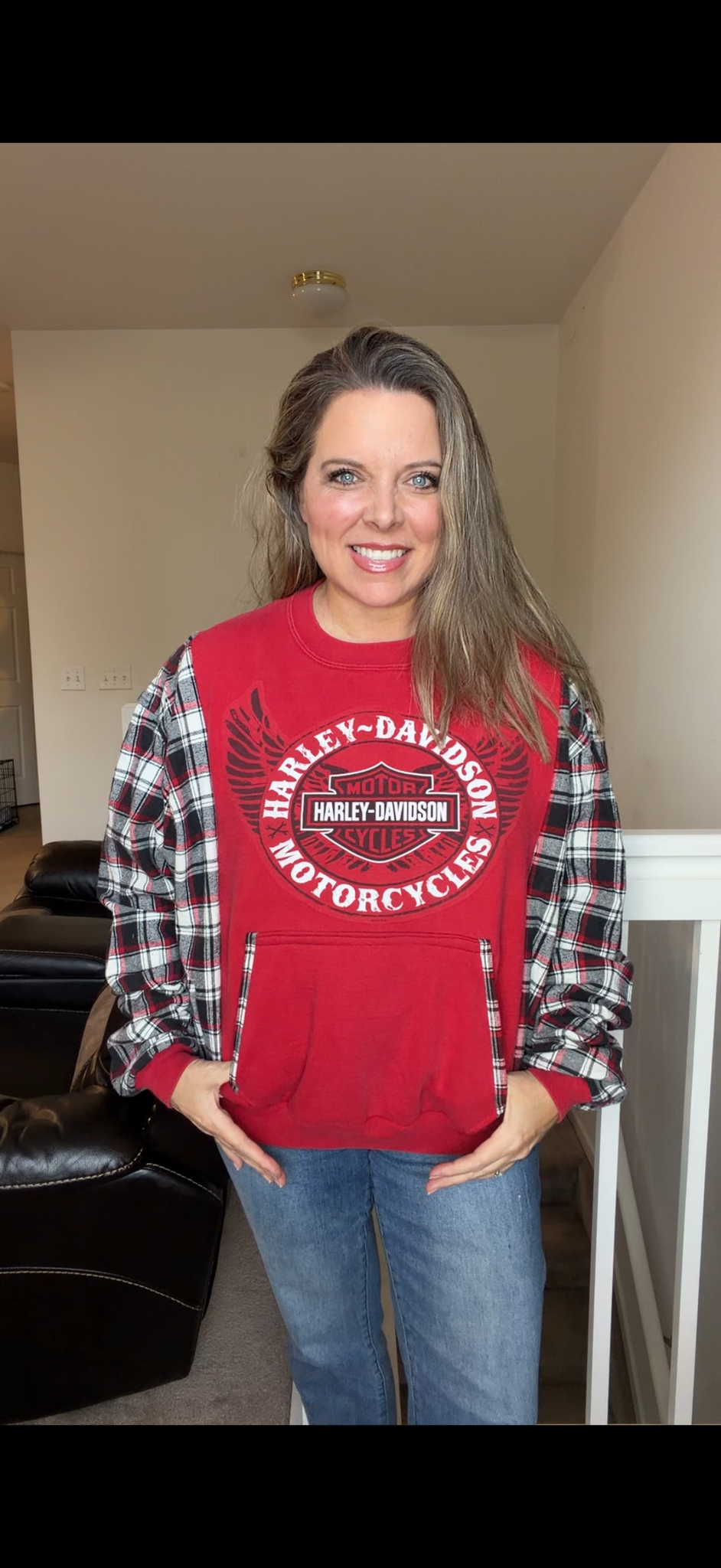Upcycled Harley - women's small/medium midweight sweatshirt with flannel sleeves