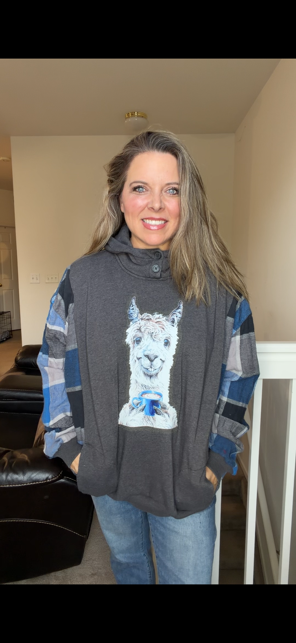 Upcycled Llama - women's 2X/3X midweight Sweatshirt with flannel sleeves