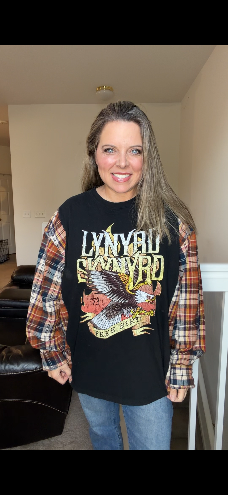 Upcycled Lynyard - women's 3X T-shirt with flannel sleeves