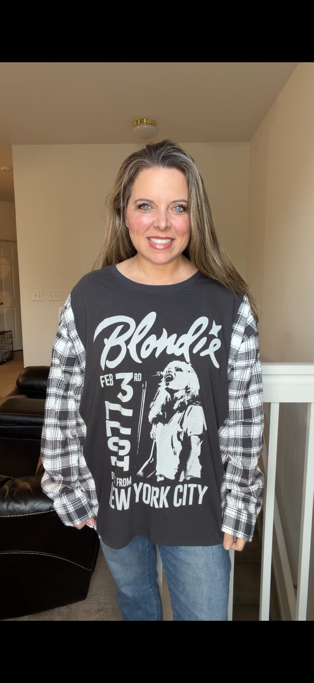 Upcycled Blondie - women's 2X T-shirt with flannel sleeves