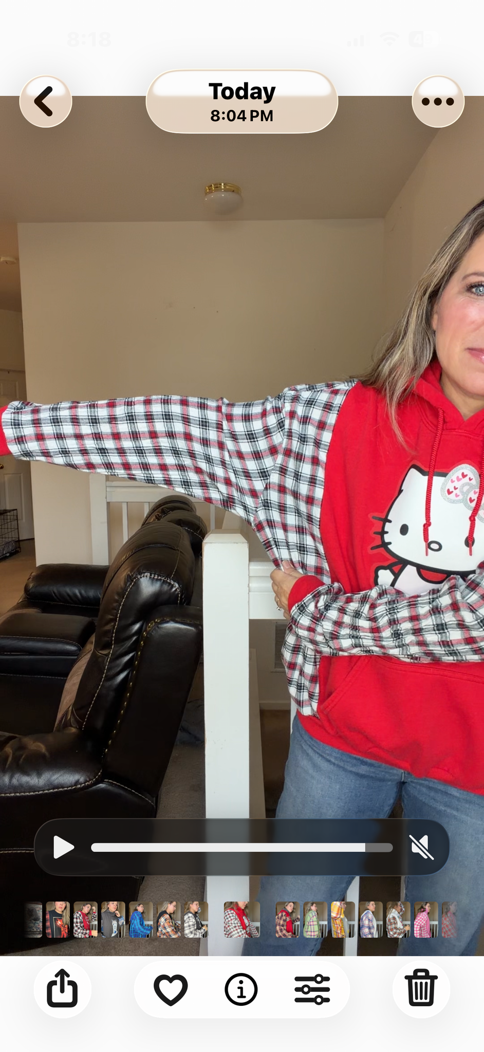 Upcycled Hello Kitty - women's large midweight sweatshirt with flannel sleeves
