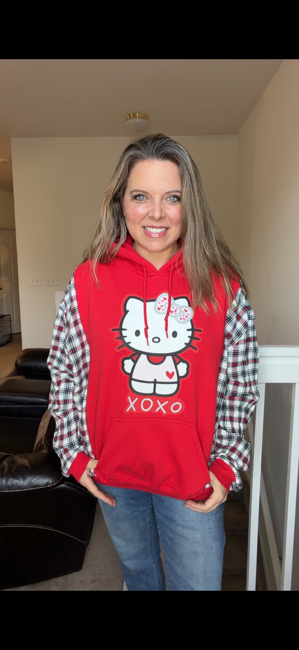 Upcycled Hello Kitty - women's large midweight sweatshirt with flannel sleeves