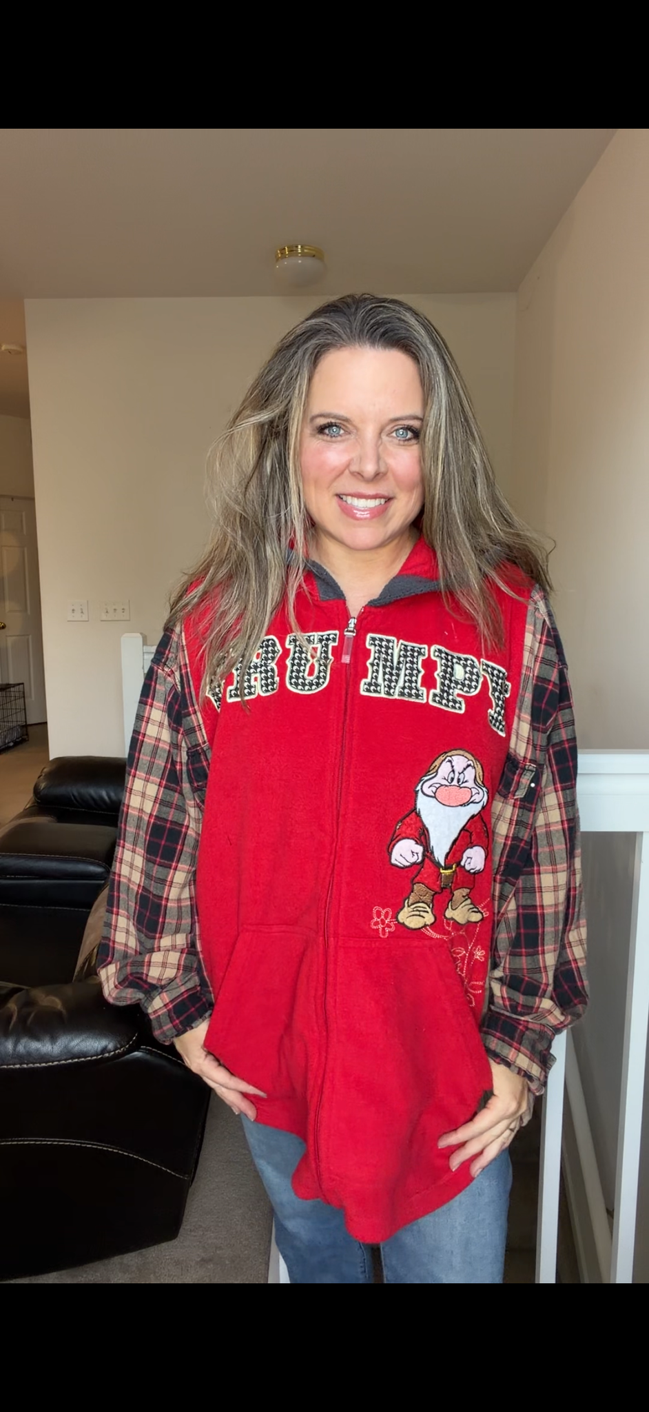 Upcycled Grumpy - women's 5X fleece sweatshirt with flannel sleeves – can be made smaller, but cannot be made Shorter ￼