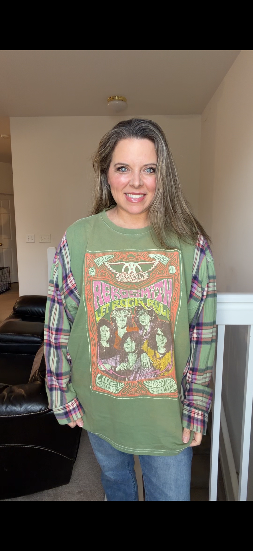 Upcycled Aerosmith - women's 4X T-shirt with thin flannel sleeves